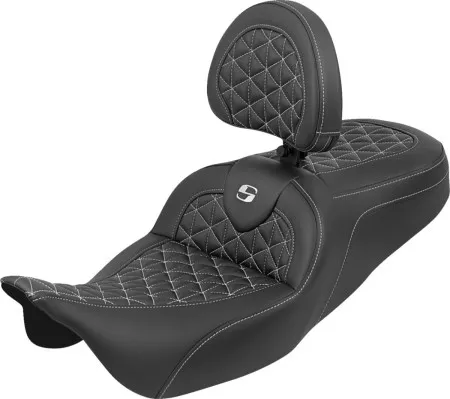 Saddlemen Standard Reach Tri-Gripper RoadSofa Seat With White Stitching With Drivers Backrest Harley Davidson 2008-2024 FLHR, FLHT, FLHX & FLTR Touring Models (808-07B-210B6)
