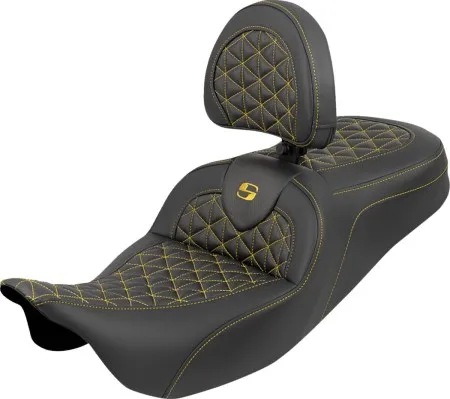 Saddlemen Standard Reach Tri-Gripper RoadSofa Seat With Gold Stitching With Drivers Backrest Harley Davidson 2008-2024 FLHR, FLHT, FLHX & FLTR Touring Models (808-07B-210B7)