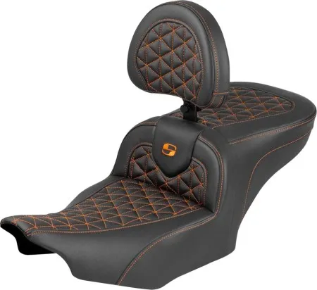 Saddlemen Standard Reach Tri-Gripper RoadSofa Seat With Orange Stitching With Drivers Backrest Harley Davidson 2024-2026 Road Glide/Street Glide & 2023-2026 CVO Road Glide/Street Glide Models (823-07-210B3)
