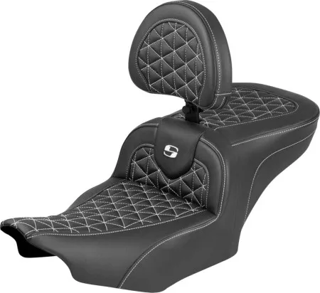 Saddlemen Standard Reach Tri-Gripper RoadSofa Seat With White Stitching With Drivers Backrest Harley Davidson 2024-2026 Road Glide/Street Glide & 2023-2026 CVO Road Glide/Street Glide Models (823-07-210B6)