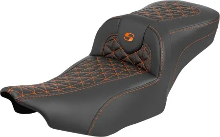 Saddlemen Extended Reach Tri-Gripper RoadSofa Seat With Orange Stitching Without Drivers Backrest For Harley Davidson 2024-2026 Road Glide/Street Glide & 2023-2026 CVO Road Glide/Street Glide Models (823-07-21103)