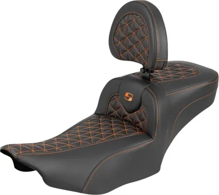 Saddlemen Extended Reach Tri-Gripper RoadSofa Seat With Orange Stitching With Drivers Backrest Harley Davidson 2024-2026 Road Glide/Street Glide & 2023-2026 CVO Road Glide/Street Glide Models (823-07-211B3)
