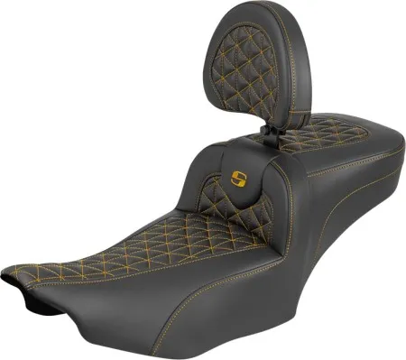 Saddlemen Extended Reach Tri-Gripper RoadSofa Seat With Gold Stitching With Drivers Backrest Harley Davidson 2024-2026 Road Glide/Street Glide & 2023-2026 CVO Road Glide/Street Glide Models (823-07-211B7)