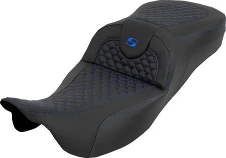 Saddlemen Extended Reach Dragon Stitched Roadsofa Seat With Blue Stitching Without Drivers Backrest For Harley Davidson 2008-2024 FLHR, FLHT, FLHX & FLTR Touring Models (Does Not Fit 2023-2024 CVO Models) (808-07B-20901)