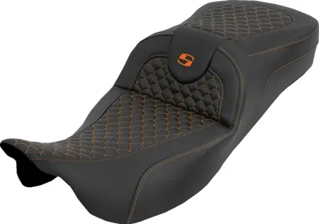 Saddlemen Extended Reach Dragon Stitched Roadsofa Seat With Orange Stitching Without Drivers Backrest For Harley Davidson 2008-2024 FLHR, FLHT, FLHX & FLTR Touring Models (Does Not Fit 2023-2024 CVO Models) (808-07B-20903)