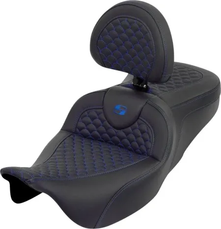 Saddlemen Dragon Scale RoadSofa Seat With Blue Stitching With Drivers Backrest For Harley Davidson 2008-2024 FLHR, FLHT, FLHX & FLTR Touring Models (Does Not Fit 2023-2024 CVO Models) (808-07B-208B1)