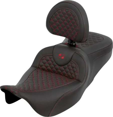 Saddlemen Dragon Scale RoadSofa Seat With Red Stitching With Drivers Backrest For Harley Davidson 2008-2024 FLHR, FLHT, FLHX & FLTR Touring Models (Does Not Fit 2023-2024 CVO Models) (808-07B-208B4)