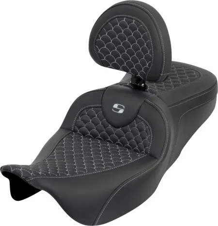 Saddlemen Dragon Scale RoadSofa Seat With Silver Stitching With Drivers Backrest For Harley Davidson 2008-2024 FLHR, FLHT, FLHX & FLTR Touring Models (Does Not Fit 2023-2024 CVO Models) (808-07B-208B5)