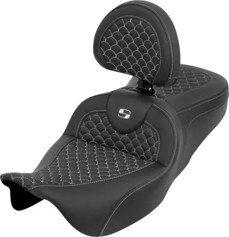 Saddlemen Dragon Scale RoadSofa Seat With White Stitching With Drivers Backrest For Harley Davidson 2008-2024 FLHR, FLHT, FLHX & FLTR Touring Models (Does Not Fit 2023-2024 CVO Models) (808-07B-208B6)