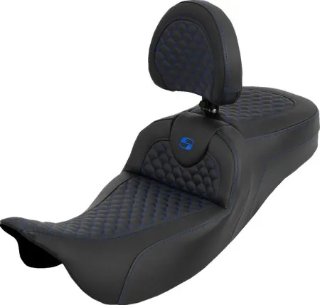 Saddlemen Extended Reach Dragon Scale RoadSofa Seat With Blue Stitching With Drivers Backrest For Harley Davidson 2008-2024 FLHR, FLHT, FLHX & FLTR Touring Models (Does Not Fit 2023-2024 CVO Models) (808-07B-209B1)
