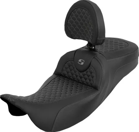 Saddlemen Extended Reach Dragon Scale RoadSofa Seat With Grey Stitching With Drivers Backrest For Harley Davidson 2008-2024 FLHR, FLHT, FLHX & FLTR Touring Models (Does Not Fit 2023-2024 CVO Models) (808-07B-209B2)