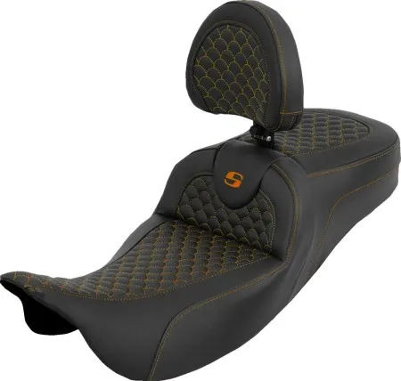 Saddlemen Extended Reach Dragon Scale RoadSofa Seat With Orange Stitching With Drivers Backrest For Harley Davidson 2008-2024 FLHR, FLHT, FLHX & FLTR Touring Models (Does Not Fit 2023-2024 CVO Models) (808-07B-209B3)