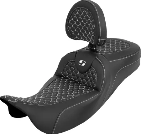 Saddlemen Extended Reach Dragon Scale RoadSofa Seat With White Stitching With Drivers Backrest For Harley Davidson 2008-2024 FLHR, FLHT, FLHX & FLTR Touring Models (Does Not Fit 2023-2024 CVO Models) (808-07B-209B6)