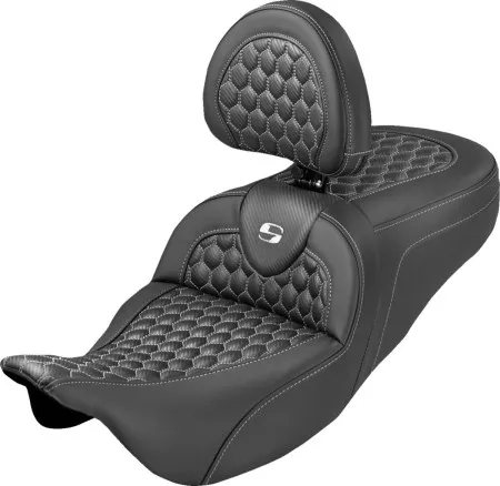 Saddlemen Extended Reach Honeycomb Roadsofa Seat With White Stitching With Drivers Backrest For Harley Davidson 2008-2024 FLHR, FLHT, FLHX & FLTR Touring Models (Does Not Fit 2023-2024 CVO Models) (808-07B-190B6)