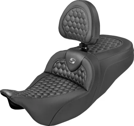 Saddlemen Honeycomb Roadsofa Seat With Grey Stitching With Drivers Backrest For Harley Davidson 2008-2024 FLHR, FLHT, FLHX & FLTR Touring Models (Does Not Fit 2023-2024 CVO Models) (808-07B-189B2)