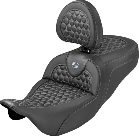 Saddlemen Extended Reach Honeycomb Roadsofa Seat With Silver Stitching With Drivers Backrest For Harley Davidson 2008-2024 FLHR, FLHT, FLHX & FLTR Touring Models (Does Not Fit 2023-2024 CVO Models) (808-07B-190B5)