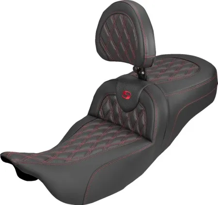 Saddlemen Extended Reach Carbon Fiber Lattice Stitched Roadsofa Seat With Red Stitching With Drivers Backrest For Harley Davidson 2008-2024 FLHR, FLHT, FLHX & FLTR Touring Models (Does Not Fit 2023-2024 CVO Models) (808-07B-207B4)