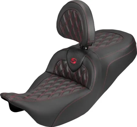 Saddlemen Standard Reach Carbon Fiber Lattice Stitched Roadsofa Seat With Red Stitching With Drivers Backrest For Harley Davidson 2008-2024 FLHR, FLHT, FLHX & FLTR Touring Models (Does Not Fit 2023-2024 CVO Models) (808-07B-206B4)