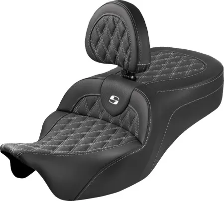 Saddlemen Lattice Stitched Roadsofa King Seat With White Stitching With Drivers Backrest For Harley Davidson 2008-2024 FLHR, FLHT, FLHX & FLTR Touring Models (Does Not Fit 2023-2025 CVO Models) (808-07B-182SB6)