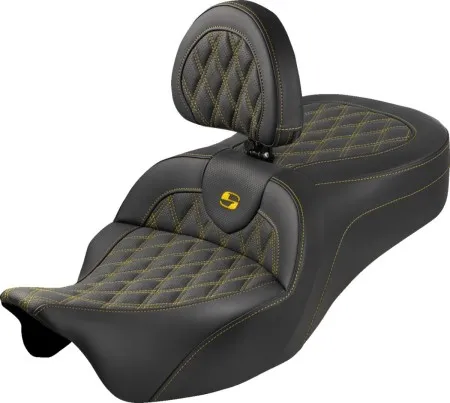 Saddlemen Lattice Stitched Roadsofa King Seat With Gold Stitching With Drivers Backrest For Harley Davidson 2008-2024 FLHR, FLHT, FLHX & FLTR Touring Models (Does Not Fit 2023-2025 CVO Models) (808-07B-182SB7)