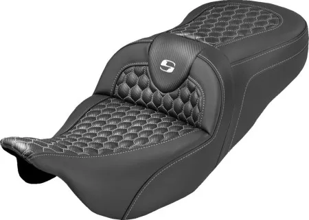 Saddlemen Honeycomb Roadsofa Seat With White Stitching For Harley Davidson 2008-2025 FLHR, FLHT, FLHX & FLTR Touring Models (Does Not Fit 2023-2025 CVO Models) (808-07B-18906)