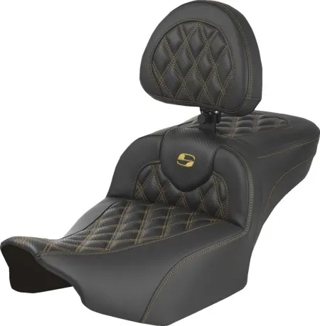 Saddlemen Extended Reach Roadsofa Seat With Gold Stitching With Drivers Backrest For For Harley Davidson 2024-2026 Road Glide/Street Glide & 2023-2026 CVO Road Glide/Street Glide Models (823-07-207B7)