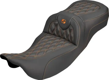 Saddlemen Extended Reach Carbon Fiber Lattice Stitched Roadsofa Seat With Orange Stitching For Harley Davidson 2008-2025 FLHR, FLHT, FLHX & FLTR Touring Models (Does Not Fit 2023-2025 CVO Models) (808-07B-20703)