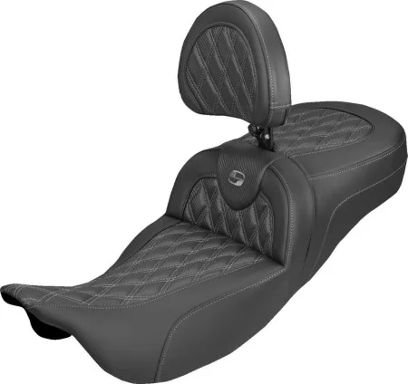 Saddlemen Extended Reach Carbon Fiber Lattice Stitched Roadsofa Seat With Grey Stitching With Drivers Backrest For Harley Davidson 2008-2024 FLHR, FLHT, FLHX & FLTR Touring Models (Does Not Fit 2023-2025 CVO Models) (808-07B-207B2)