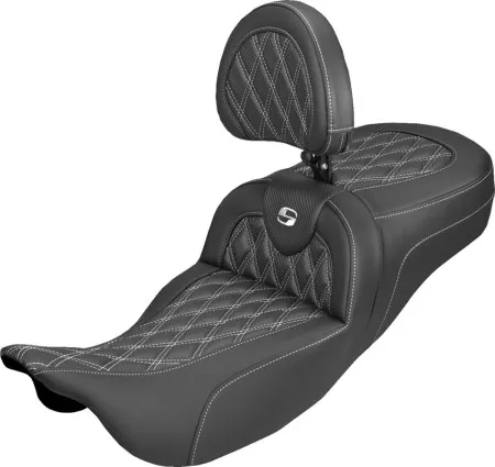 Saddlemen Extended Reach Carbon Fiber Lattice Stitched Roadsofa Seat With White Stitching With Drivers Backrest For Harley Davidson 2008-2024 FLHR, FLHT, FLHX & FLTR Touring Models (Does Not Fit 2023-2025 CVO Models) (808-07B-207B6)