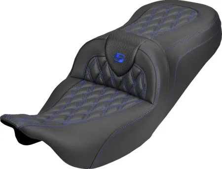 Saddlemen Standard Reach Carbon Fiber Lattice Stitched Roadsofa Seat With Blue Stitching For Harley Davidson 2008-2025 FLHR, FLHT, FLHX & FLTR Touring Models (Does Not Fit 2023-2025 CVO Models) (808-07B-20601)