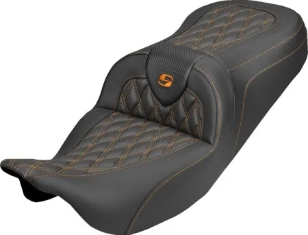 Saddlemen Standard Reach Carbon Fiber Lattice Stitched Roadsofa Seat With Orange Stitching For Harley Davidson 2008-2025 FLHR, FLHT, FLHX & FLTR Touring Models (Does Not Fit 2023-2025 CVO Models) (808-07B-20603)