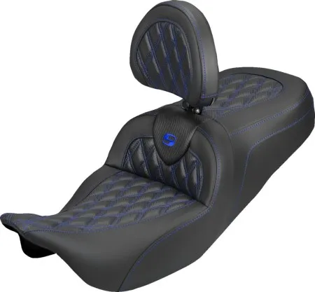 Saddlemen Standard Reach Carbon Fiber Lattice Stitched Roadsofa Seat With Blue Stitching With Drivers Backrest For Harley Davidson 2008-2024 FLHR, FLHT, FLHX & FLTR Touring Models (Does Not Fit 2023-2025 CVO Models) (808-07B-206B1)